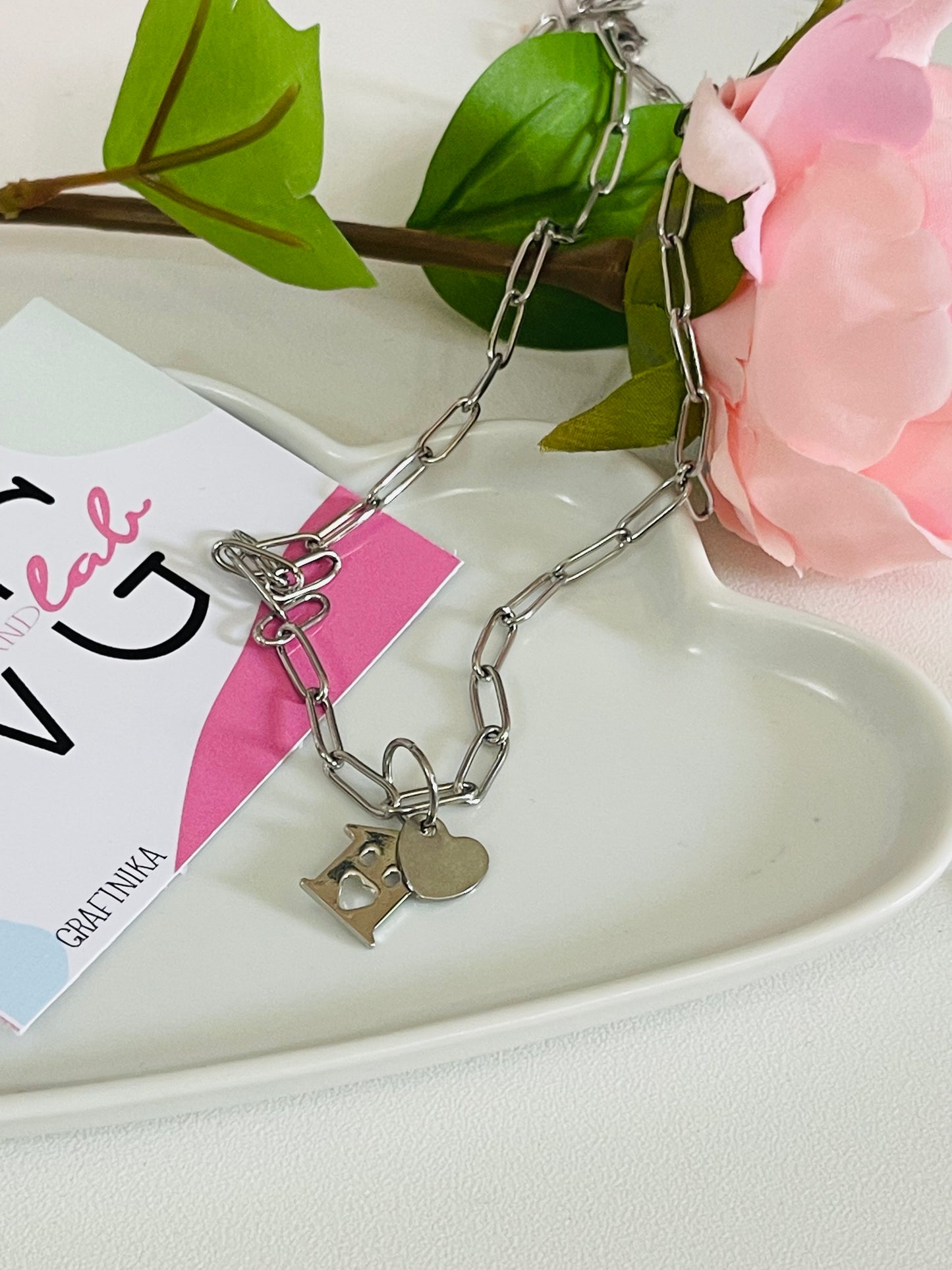 collana catenina acciaio - casetta e cuore