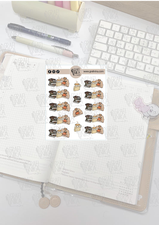 P 48 - mini banner con libri, maglione e tazza - cozy sticker